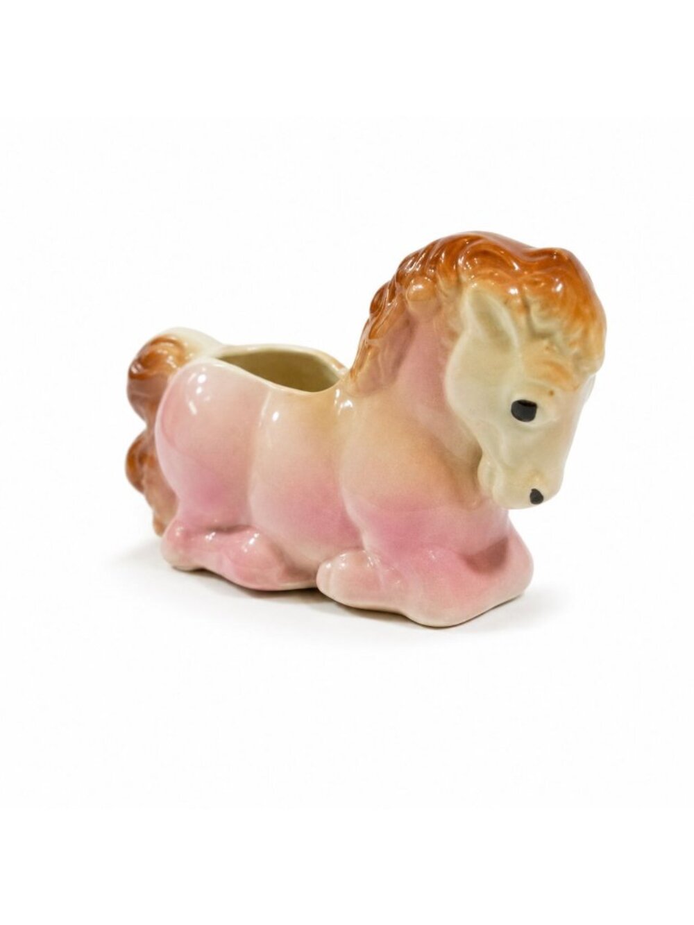Pottery Planter Pot Kneeling Horse Pink Hand Painted Vintage Pastel Flower Succe